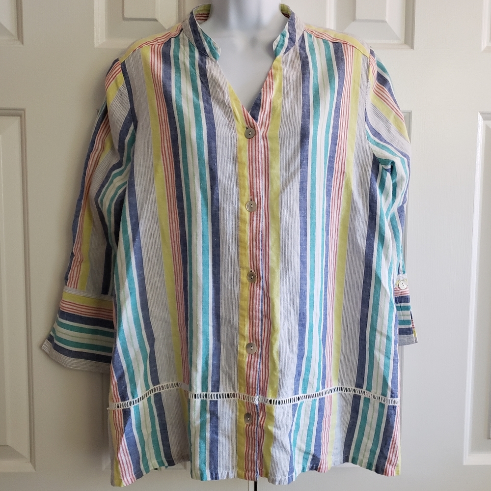 Symple Womens Shirt L Linen Rainbow Stripe Lagenlook Relaxed Coastal Pastel